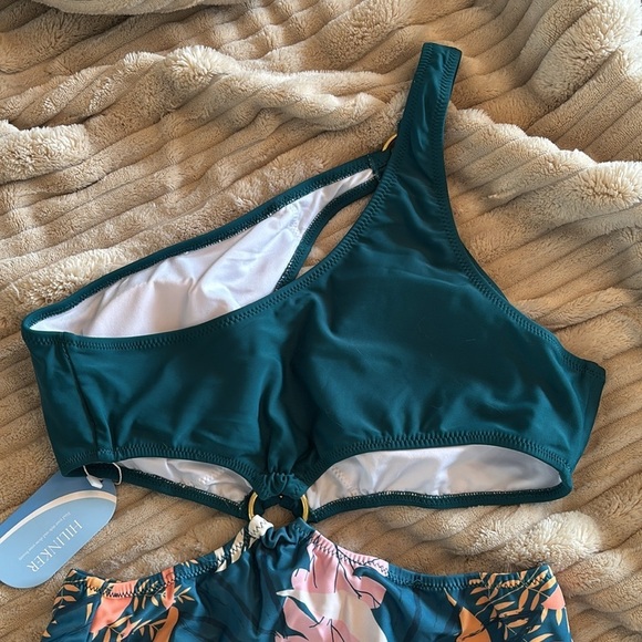 Brand New One Shoulder Swimsuit O-Ring Waist Bra Cup Green Tropical High Waist - Picture 10 of 14